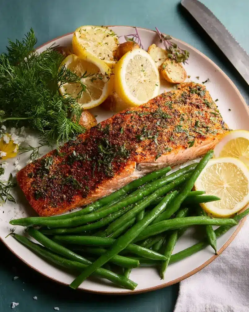 Easy 5-Ingredient Salmon 3 Salmon fillets cooking on a baking sheet, glistening with olive oil and lemon slices, a visual representation of the cooking process.