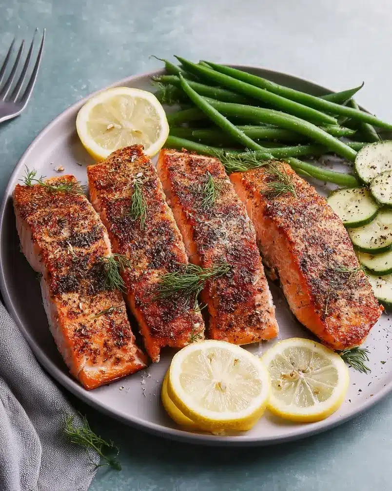 Easy 5-Ingredient Salmon 2 Salmon fillets being seasoned with herbs and spices on a baking sheet, ready for cooking. Simple preparation process shown.
