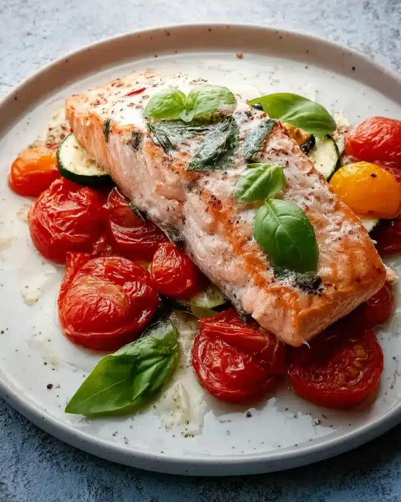 Tomato Basil Salmon 3 Salmon fillets sizzling in a pan with tomatoes and herbs