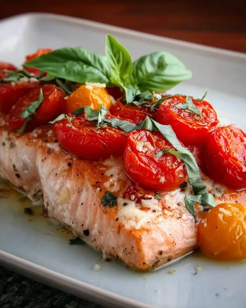 Tomato Basil Salmon 2 Vibrant preparation of salmon fillets with tomatoes and basil