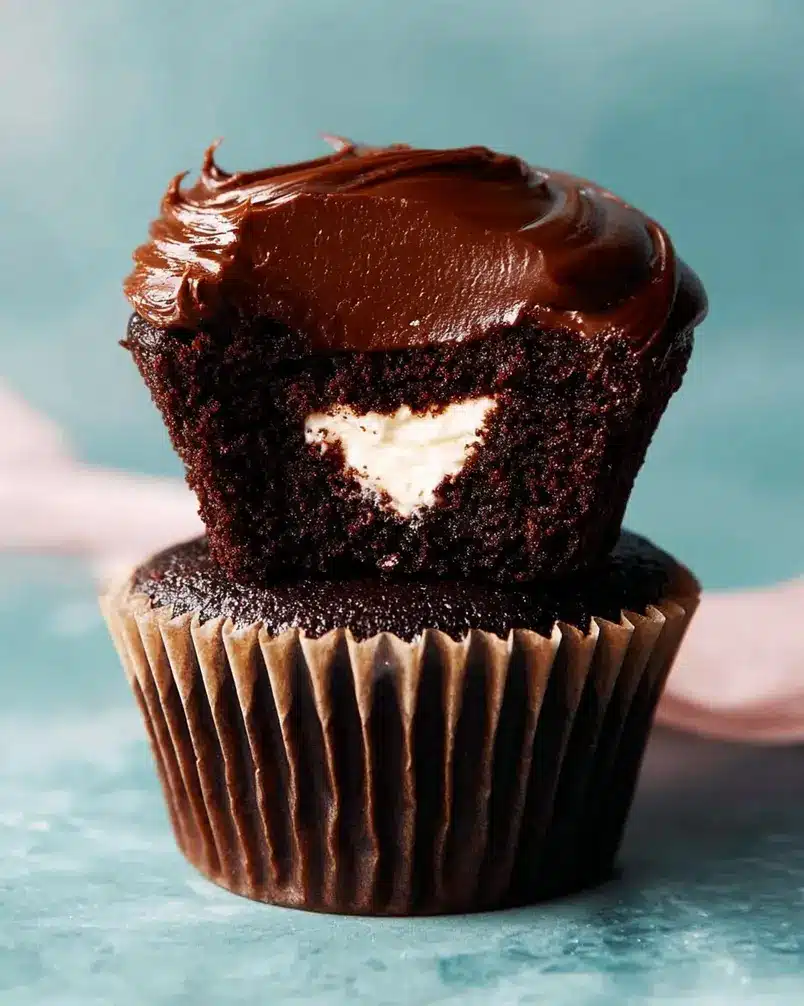 Whipped Cream-Filled Chocolate Cupcakes With Chocolate Ganache Frosting 3 Cupcakes baking in a muffin tin