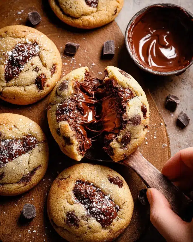 Nutella Stuffed Cookies 2 Close-up of Nutella stuffed cookies dough being prepared, showing ingredients like flour, butter, and Nutella