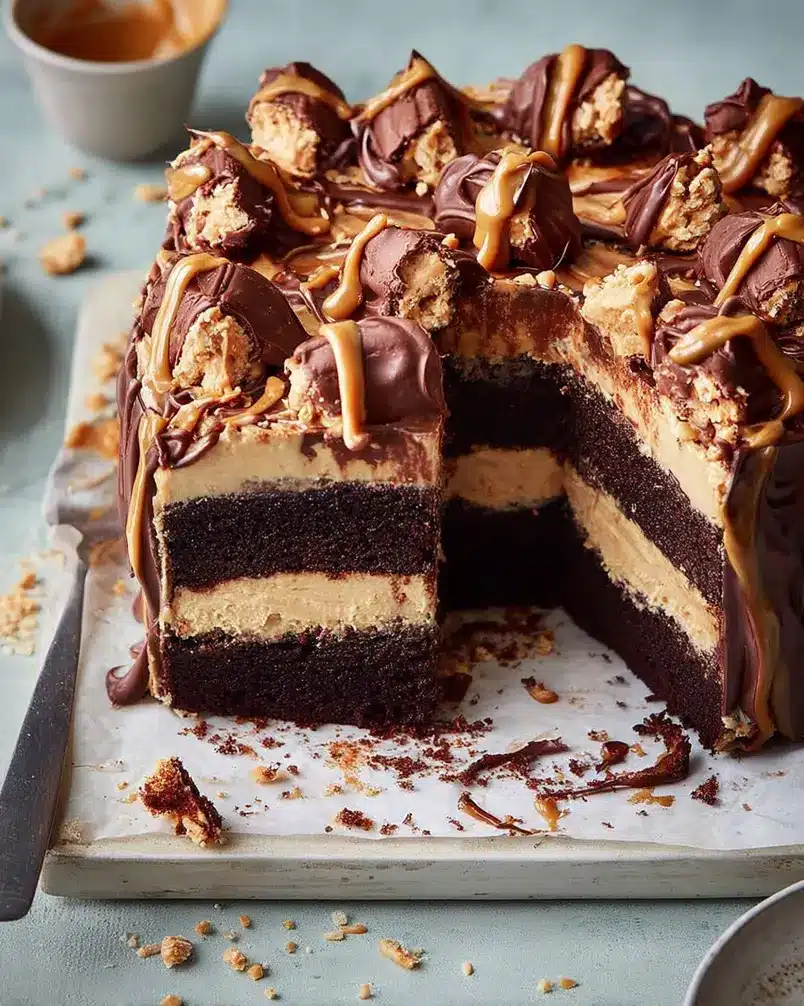Chocolate Peanut Butter Cake for a crowd 3 A chocolate peanut butter cake being frosted with peanut butter frosting, showing smooth application.