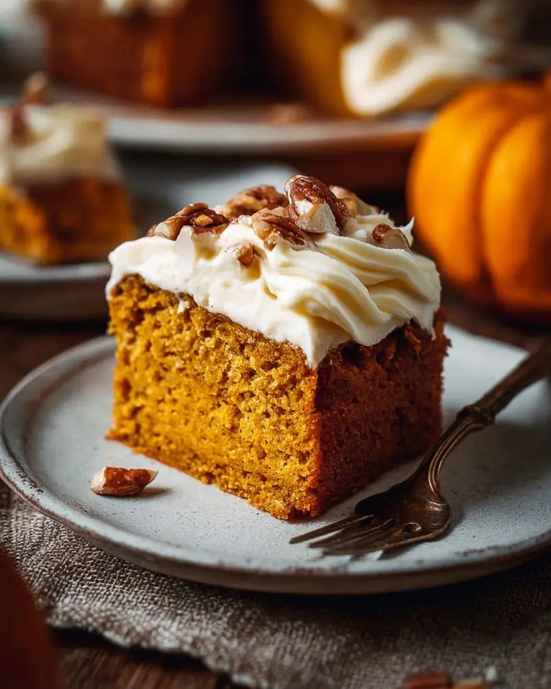 Pumpkin Cake with Cream Cheese Frosting 2 Pumpkin cake with cream cheese frosting, a slice cut depicting moist crumb and smooth frosting