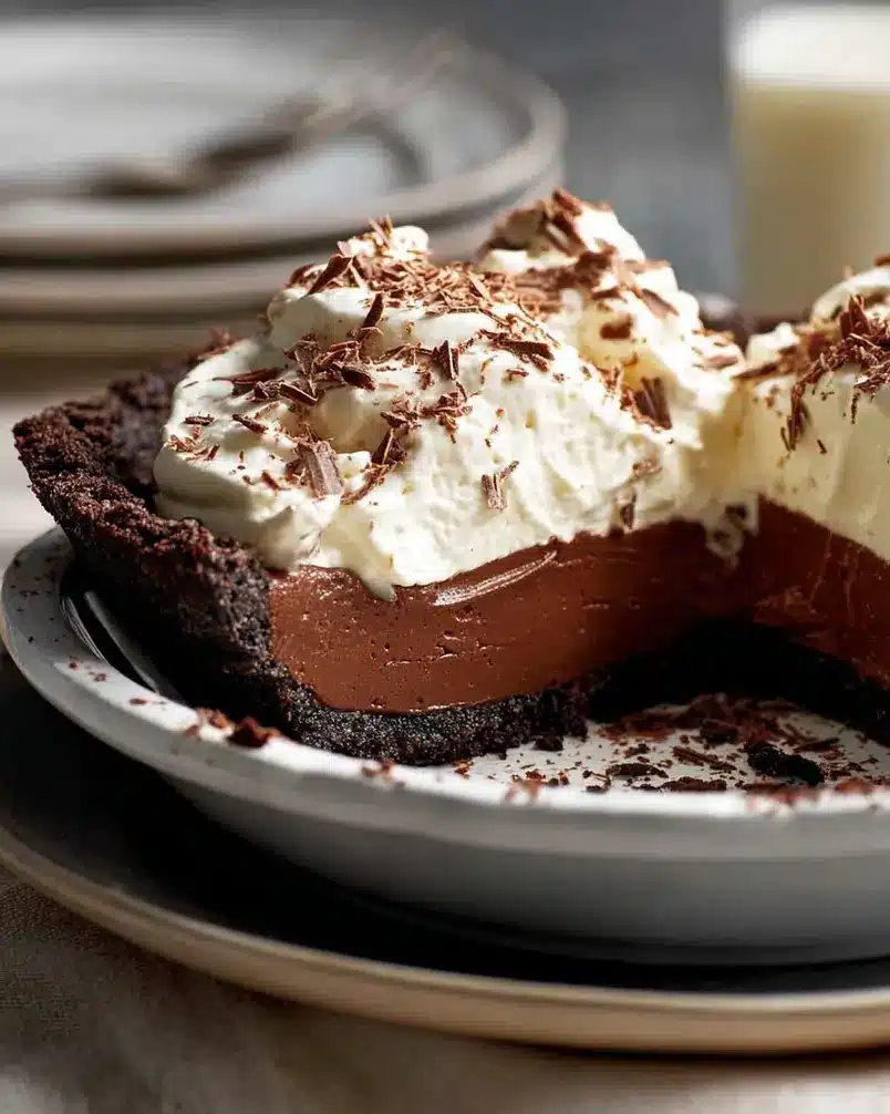 Chocolate Cream Pie 2 Ingredients for Chocolate Cream Pie being gathered on a clean countertop