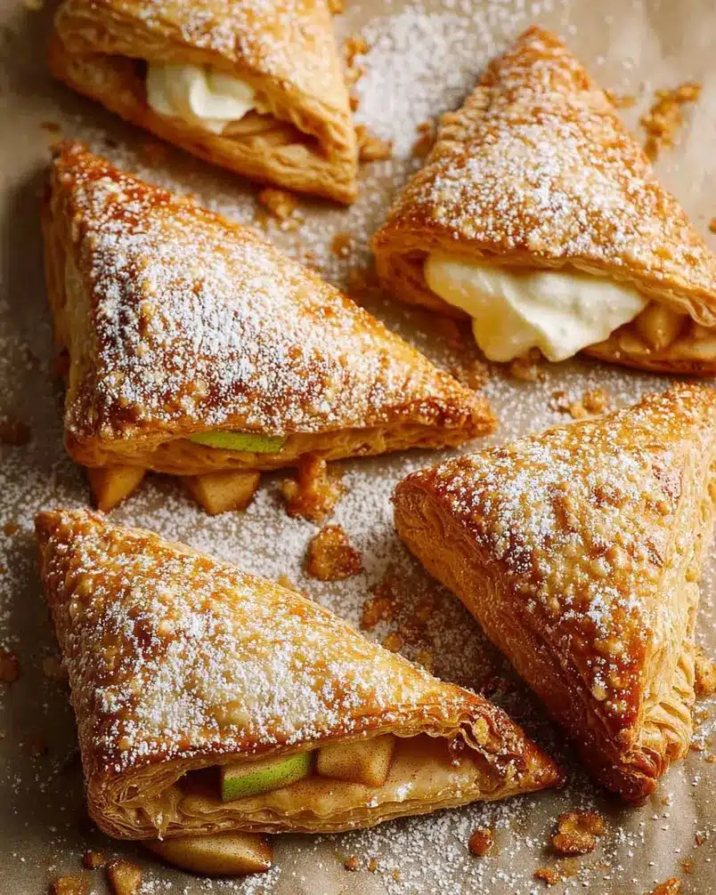Apple Turnovers – with cream filled option 3 A close-up shot of apple turnovers being placed on a baking sheet, with one turnover partially opened showing the apple and cream cheese filling.