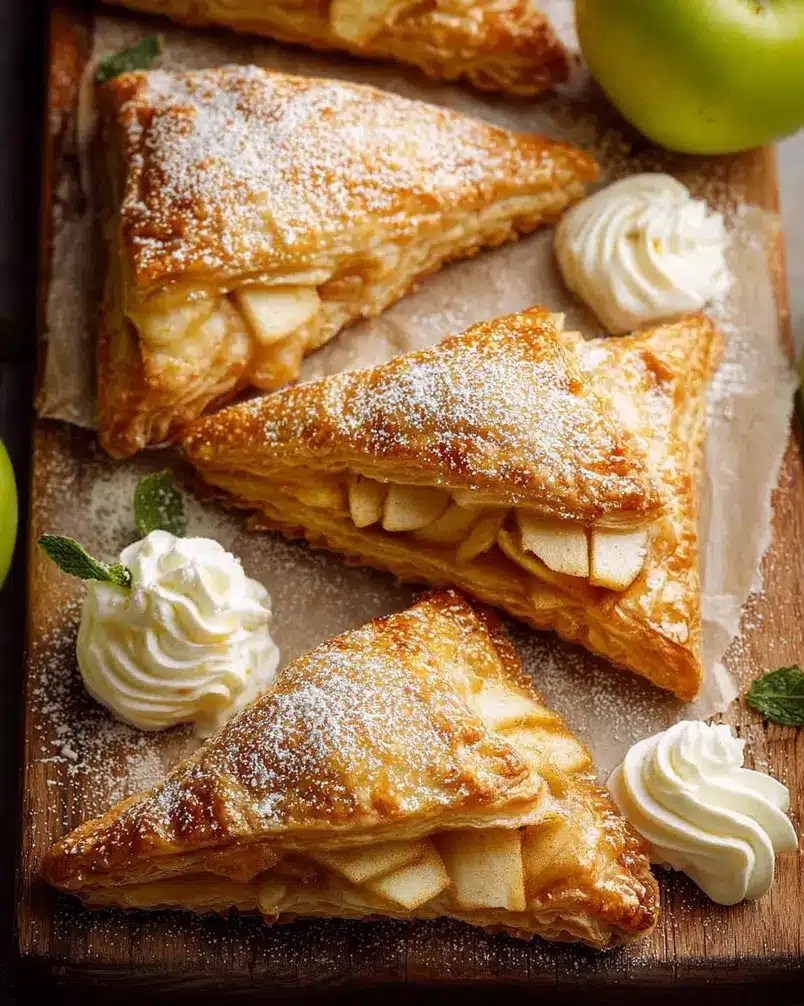 Apple Turnovers – with cream filled option 2 An overhead shot of a kitchen counter displaying various ingredients ready for apple turnover preparation, including fresh apples, cinnamon, flour, butter, and a bowl of sugar.