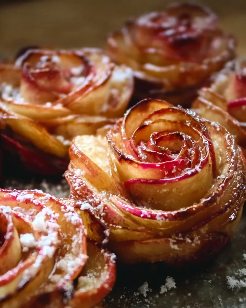 Baked Apple Roses 3 Baked Apple Roses in a muffin tin, golden brown and ready to serve.