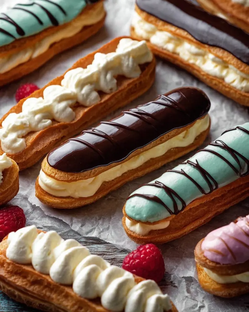 Éclairs 3 Baked éclair shells cooling on a wire rack, showing their golden brown color.