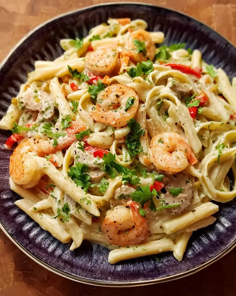 Peppered Shrimp Alfredo 3 Shrimp being sautéed in a pan for Peppered Shrimp Alfredo