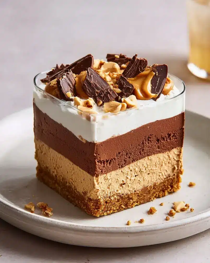 My Chocolate-Peanut Butter Delight Is No-Bake and So Much Easier Than It Looks 2 Layers of chocolate and peanut butter filling being assembled in a pan