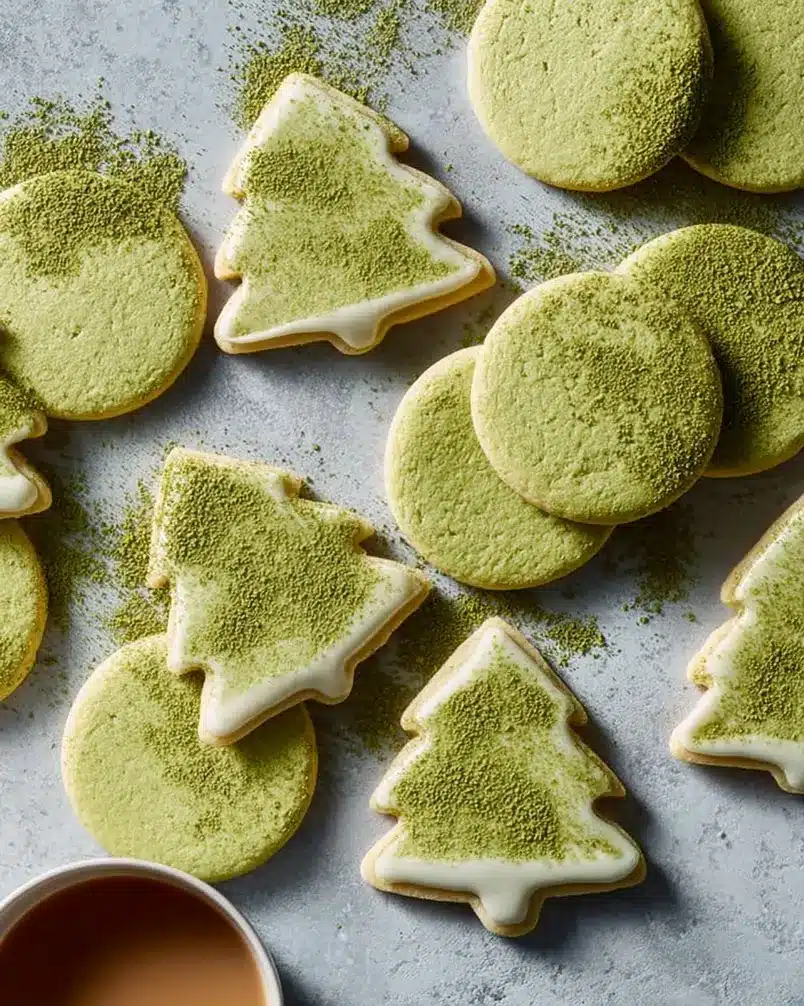 Matcha Sugar Cookies 3 Close-up of matcha sugar cookie dough being rolled out and cut into shapes, ready for baking.