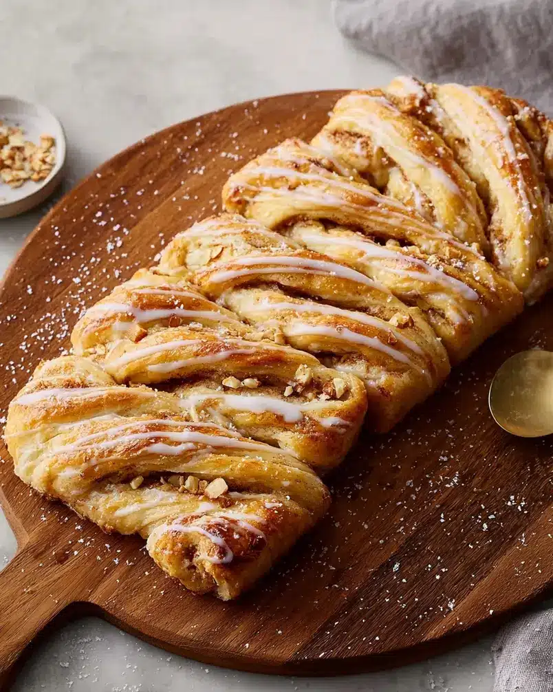 Danish Kringle 3 A perfectly baked Danish Kringle with glaze drizzled over it