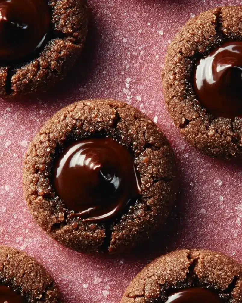 Double-Chocolate Thumbprint Cookies 3 Dipped double-chocolate thumbprint cookies cooling on a rack