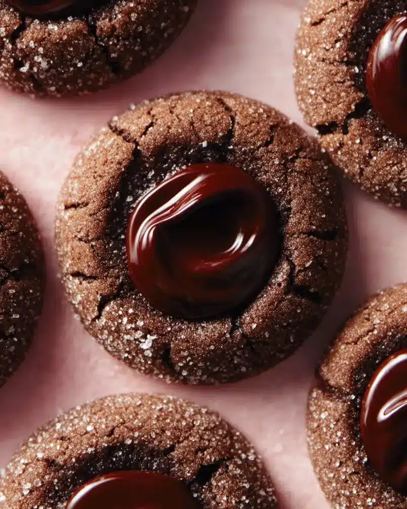Double-Chocolate Thumbprint Cookies 2 Hands pressing thumbprints into chocolate cookie dough