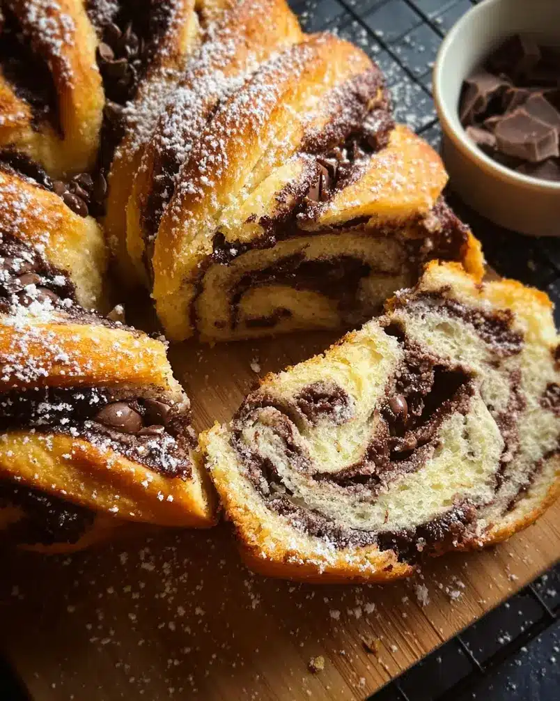 Chocolate Babka 3 Hands carefully folding and shaping dough for chocolate babka, revealing layers of chocolate filling.