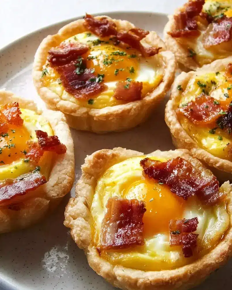 Bacon and Egg Breakfast Tarts 2 Prepping ingredients for Bacon and Egg Breakfast Tarts by whisking eggs in a bowl.