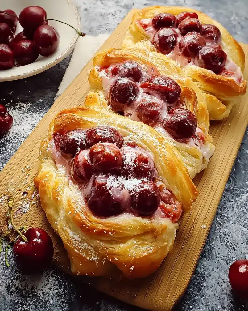 Shortcut Cherry Danish 3 Cherry Danish baking in the oven, golden brown and puffy