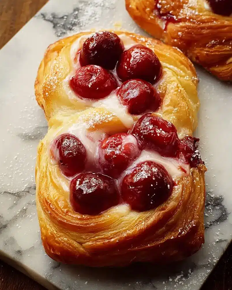 Shortcut Cherry Danish 2 Danish pastry dough being rolled out with cherry filling