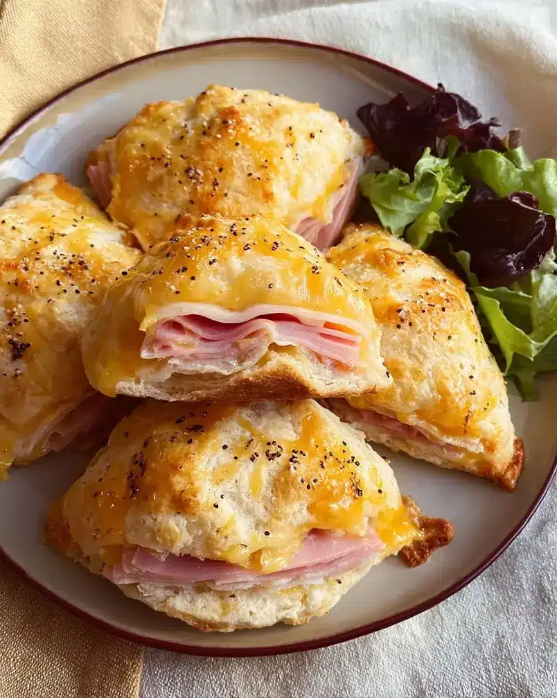 Easy Ham and Cheese Biscuits 3 Biscuits baking in the oven, golden brown and puffed up