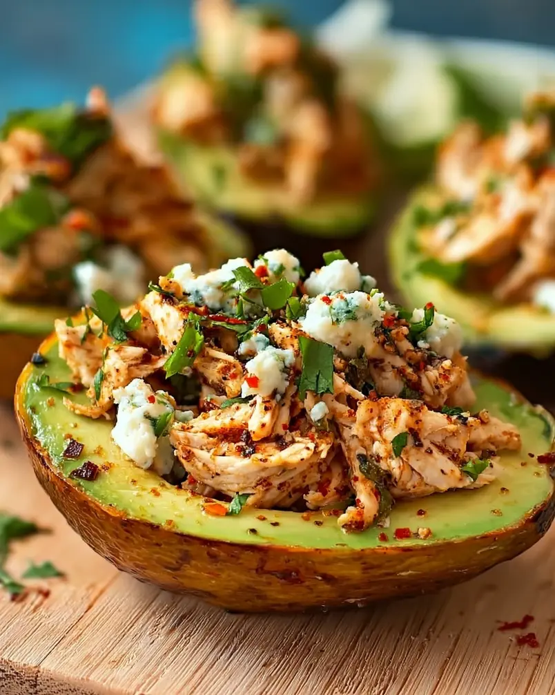 Mexi-Chicken Avocado Cups 3 Sizzling seasoned chicken cooking in a skillet, with vibrant spices visible.