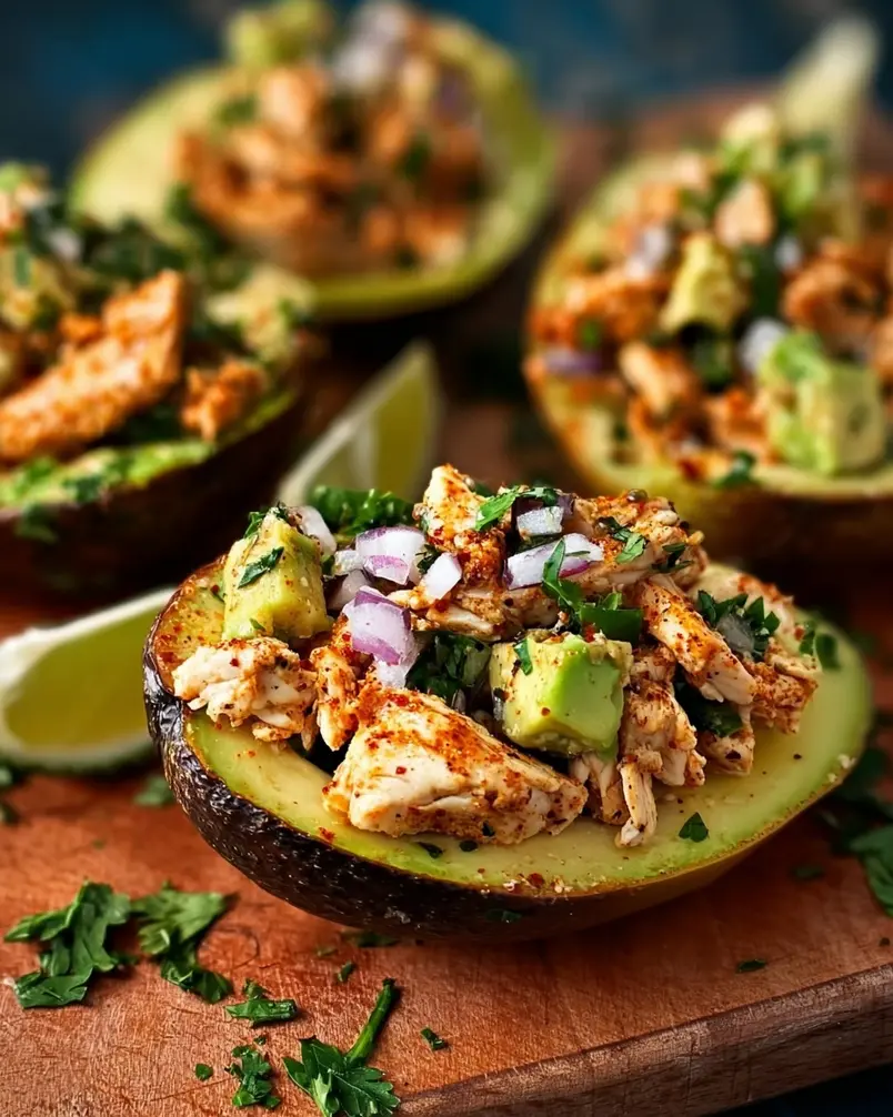 Mexi-Chicken Avocado Cups 2 Fresh ingredients laid out for Mexi-Chicken Avocado Cups preparation, including chicken, avocados, lime, cilantro, and spices.