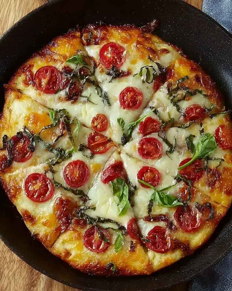 Cheesy-Crust Skillet Pizza 3 Skillet pizza cooking in the oven