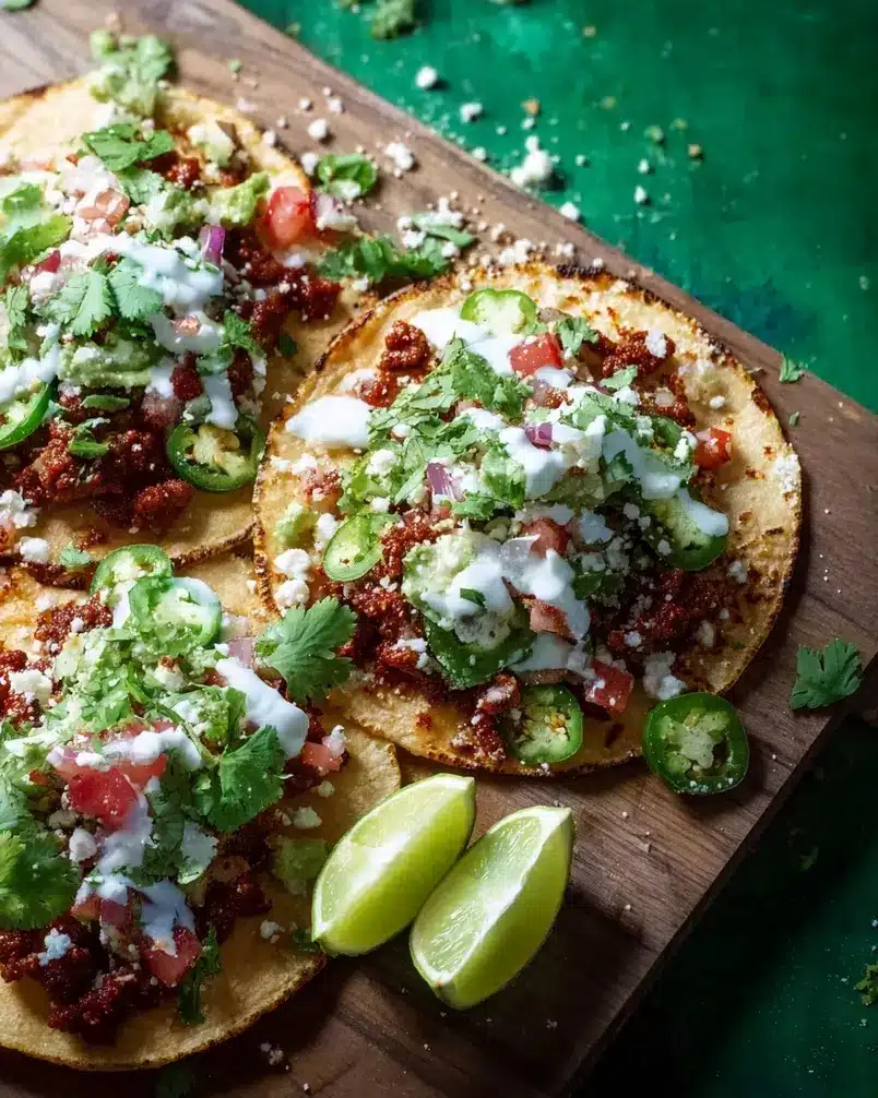 Easy Chorizo Street Tacos 3 Ground chorizo sizzling in a skillet with chopped onions and garlic.