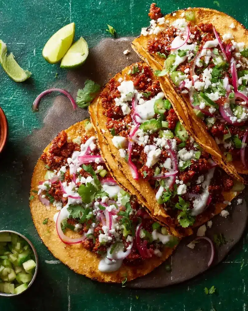 Easy Chorizo Street Tacos 2 Fresh ingredients for chorizo street tacos laid out on a wooden board, including chorizo, cilantro, onions, limes, and tortillas.