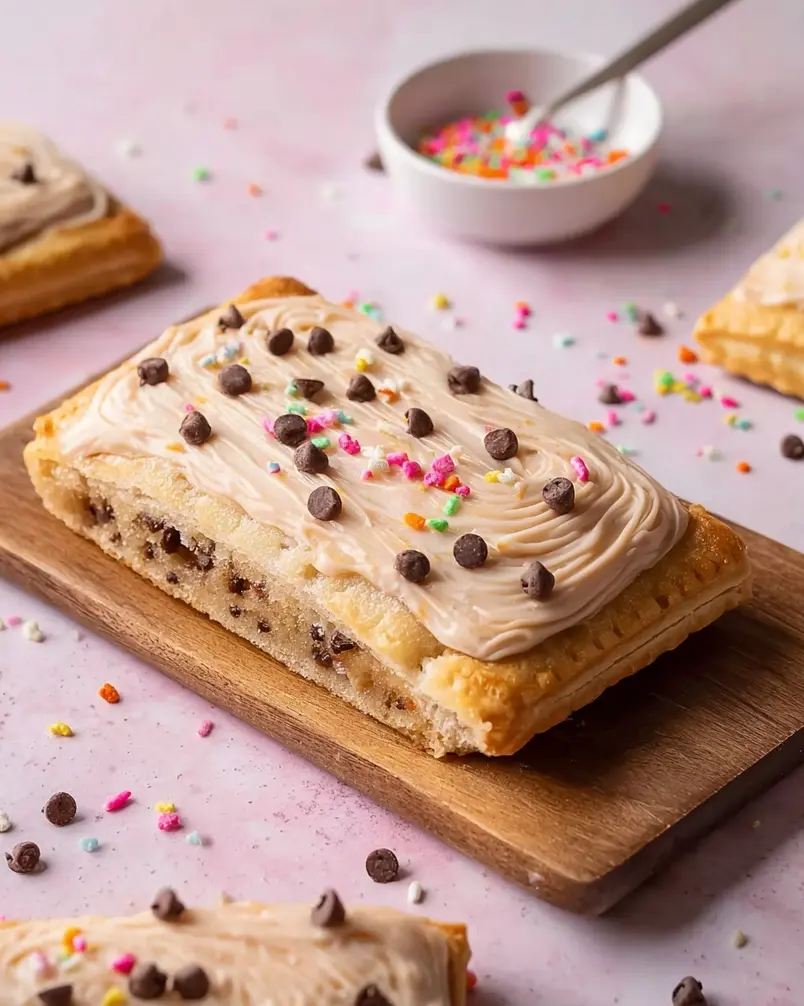 Giant Cookie Dough Pop Tart 2 A rustic wooden board displaying ingredients for a giant cookie dough pop tart, including flour, sugar, butter, eggs, chocolate chips, and a partially formed pastry.