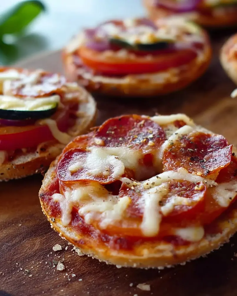 Easy Mini Bagel Pizzas 2 A colorful spread of easy mini bagel pizzas with various toppings, ready for baking.