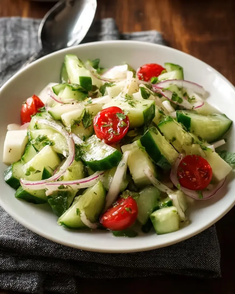 Summer Cucumber Jicama Salad 3 Close-up of chopped vegetables for Summer Cucumber Jicama Salad being tossed.
