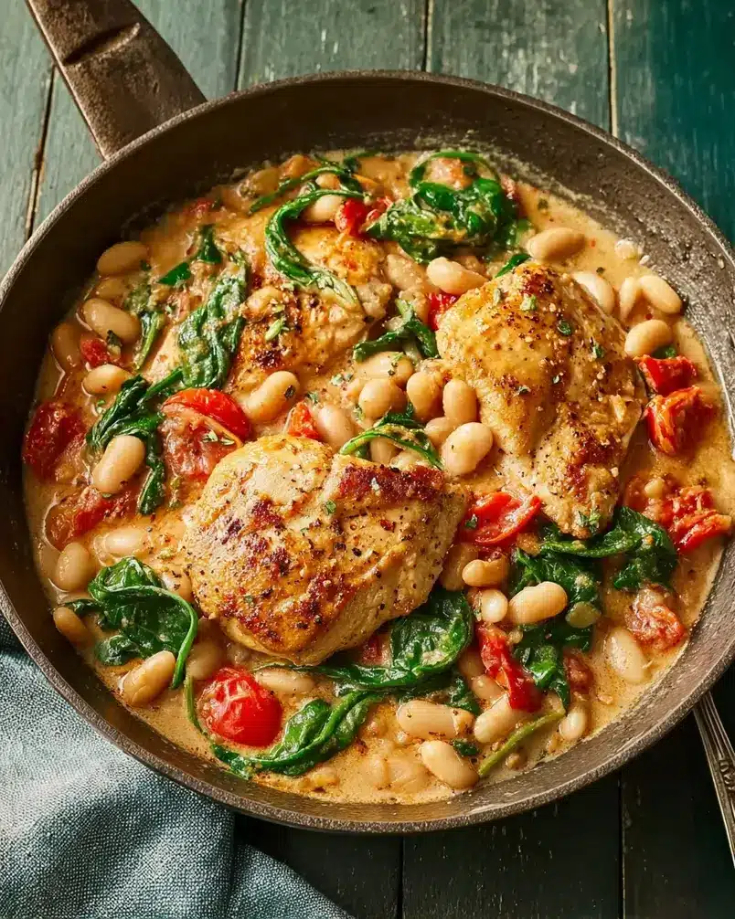 Skillet Chicken and White Bean Stew 3 A close-up shot of the Skillet Chicken and White Bean Stew bubbling in the pan