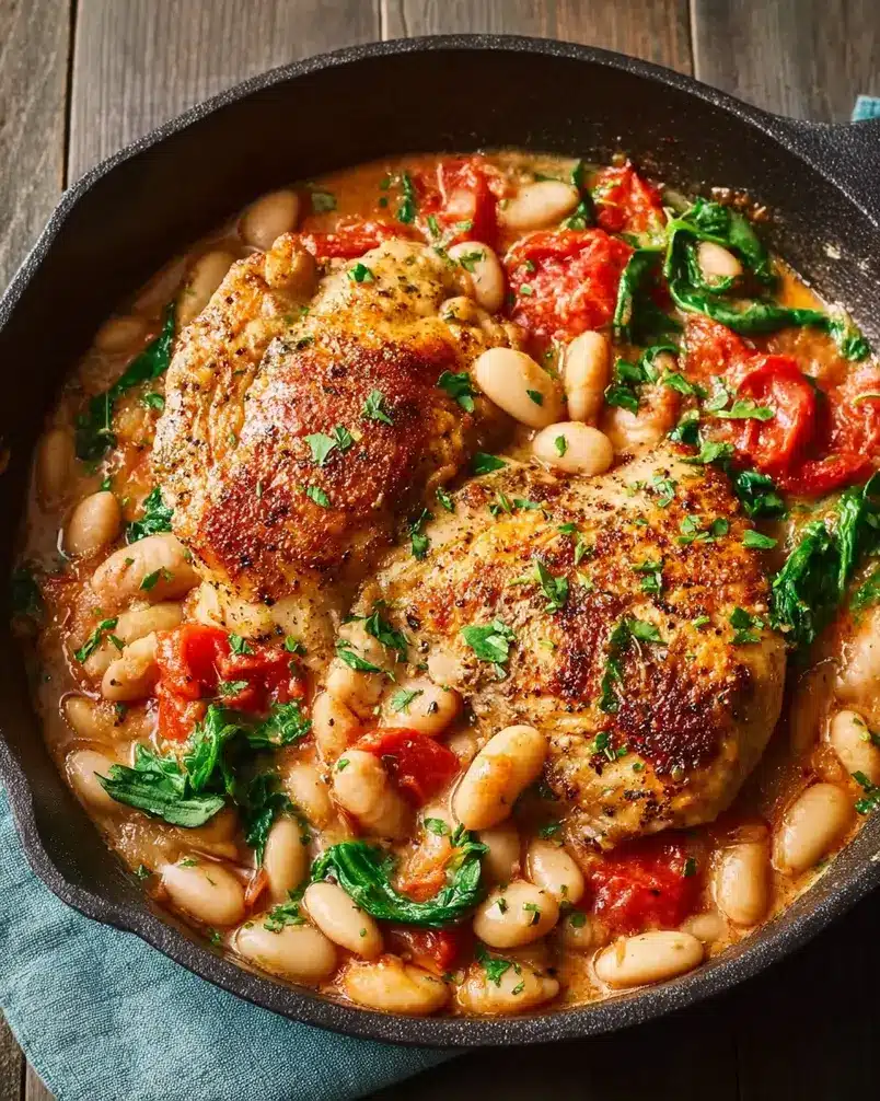 Skillet Chicken and White Bean Stew 2 Cozy skillet chicken and white bean stew being prepared with fresh ingredients