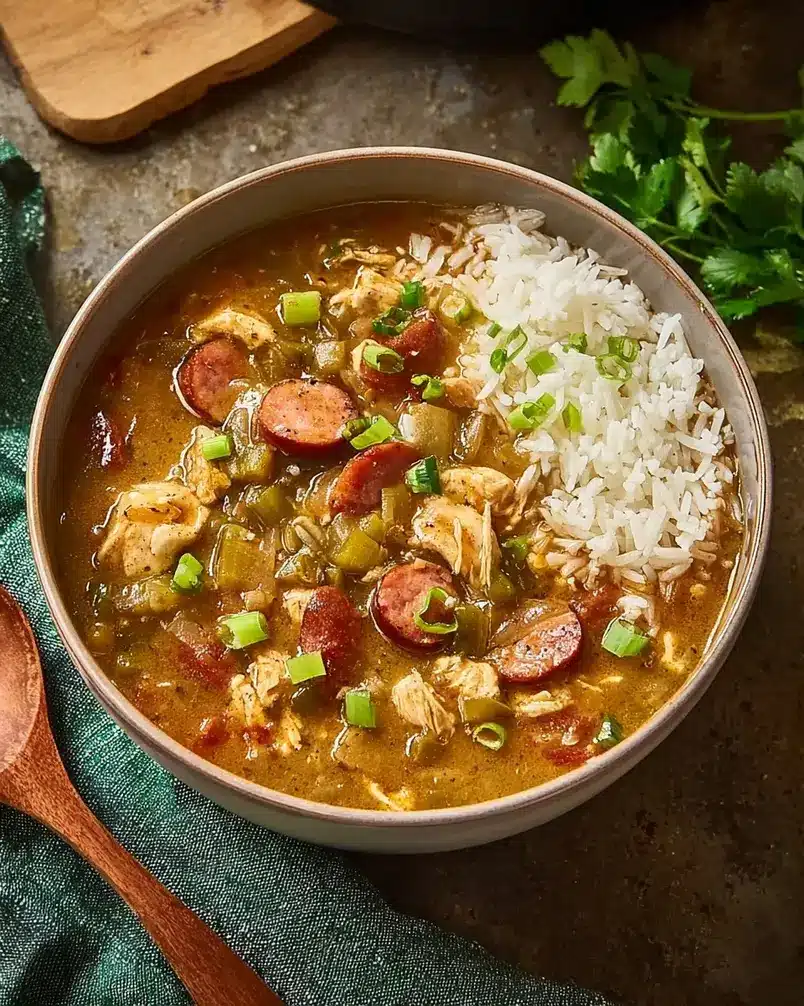 Chicken and Andouille Gumbo 3 A smooth, dark brown roux bubbling gently in a cast-iron pot.