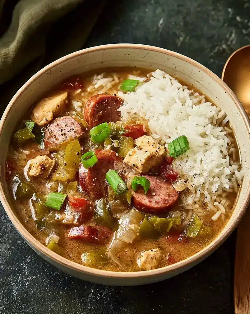 Chicken and Andouille Gumbo 2 A vibrant mise en place for Chicken and Andouille Gumbo, showcasing chopped vegetables, cooked chicken, and sliced Andouille sausage.