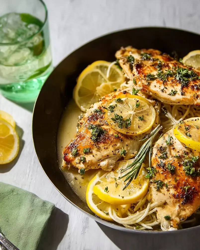 Simple Lemon Herb Chicken 3 Chicken pieces baking in a dish with lemon slices and herbs