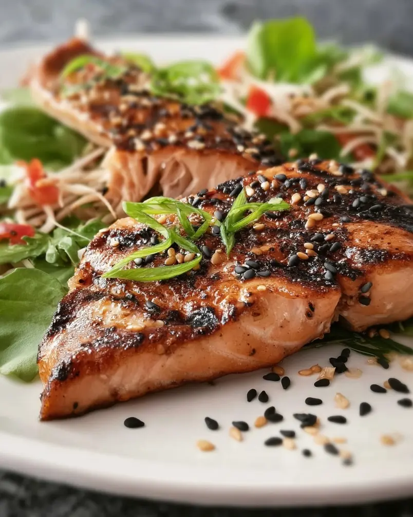 Sesame Grilled Salmon 3 Sesame grilled salmon fillets with sesame seeds and green onions, served on a plate