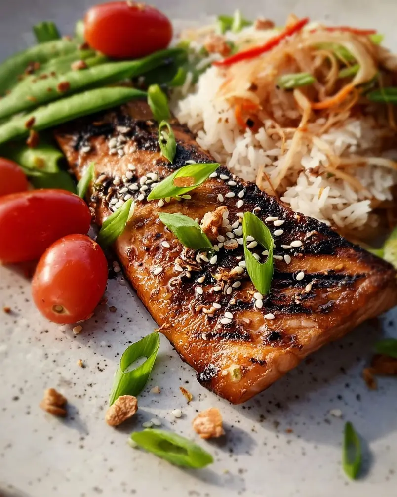 Sesame Grilled Salmon 2 Salmon fillets seasoned with sesame seeds and soy sauce, ready for grilling