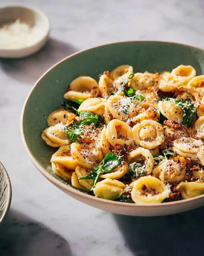 One Pan Orecchiette Pasta 3 Bubbling one pan orecchiette pasta with sauce and ingredients