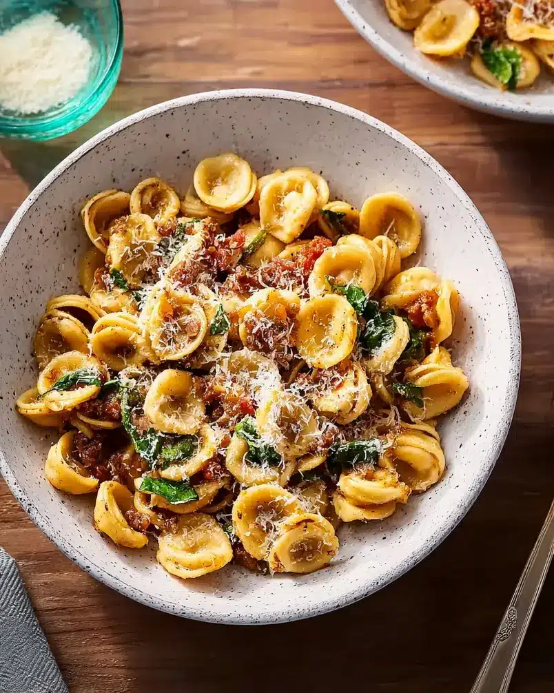 One Pan Orecchiette Pasta 2 Orecchiette pasta being prepared in a pan with vegetables and sauce