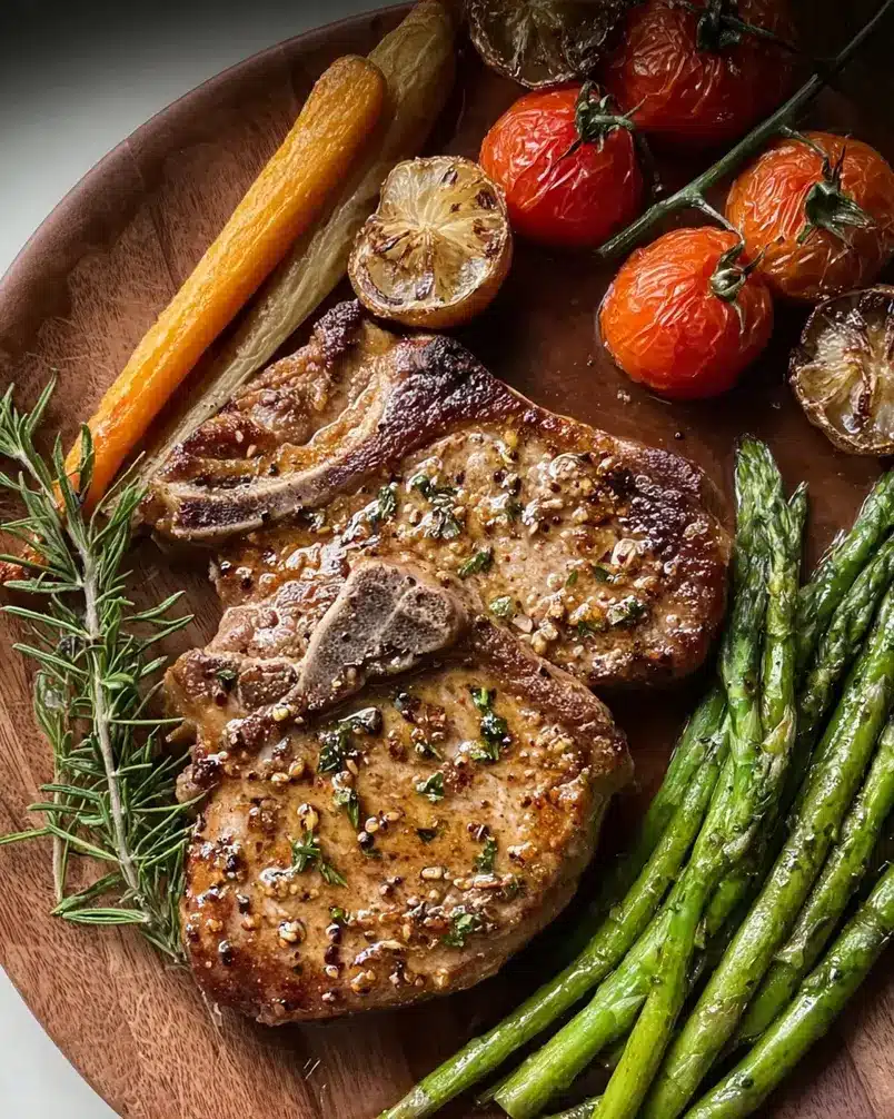 Modenese Pork Chops 3 Close-up shot of thick-cut pork chops searing in a hot pan with butter and herbs, creating a golden-brown crust and releasing aromatic steam.