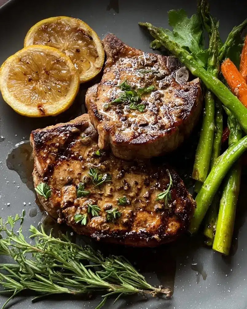 Modenese Pork Chops 2 A rustic wooden board showcasing raw pork chops seasoned with herbs and spices, with a small bowl of breadcrumbs and a mortar and pestle in the background, suggesting the preparation of Modenese pork chops.