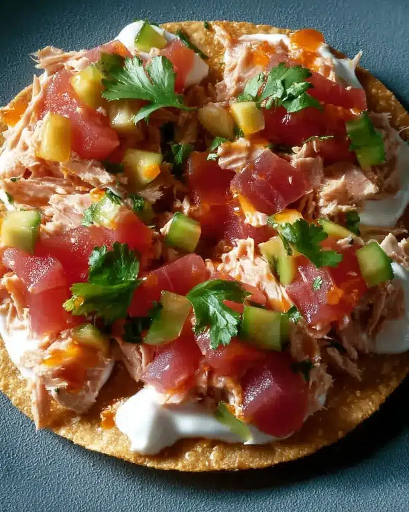 Tuna Tostadas 3 A close-up of the tuna mixture being tossed with chopped vegetables and lime juice, ready to be assembled onto tostada shells.