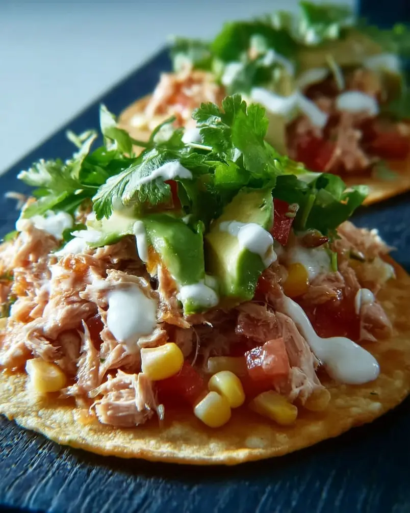 Tuna Tostadas 2 Fresh ingredients for tuna tostadas laid out on a counter, including tuna cans, avocado, lime, cilantro, and tostada shells.