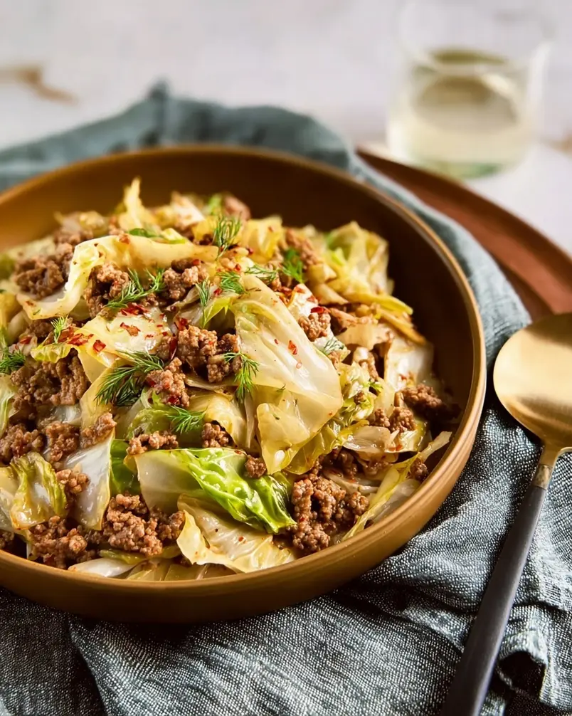 Ground Beef and Cabbage 3 Ground beef and cabbage mixture sizzling in a large skillet on the stovetop