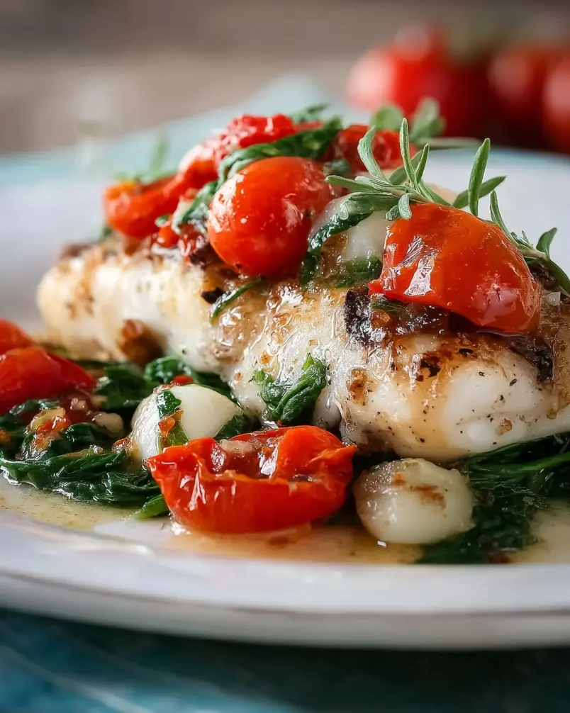 Grilled Cod with Spinach and Tomatoes 3 Close-up of grilled cod fillets cooking on a grill, with char marks visible, alongside a pan of sautéed spinach and tomatoes.
