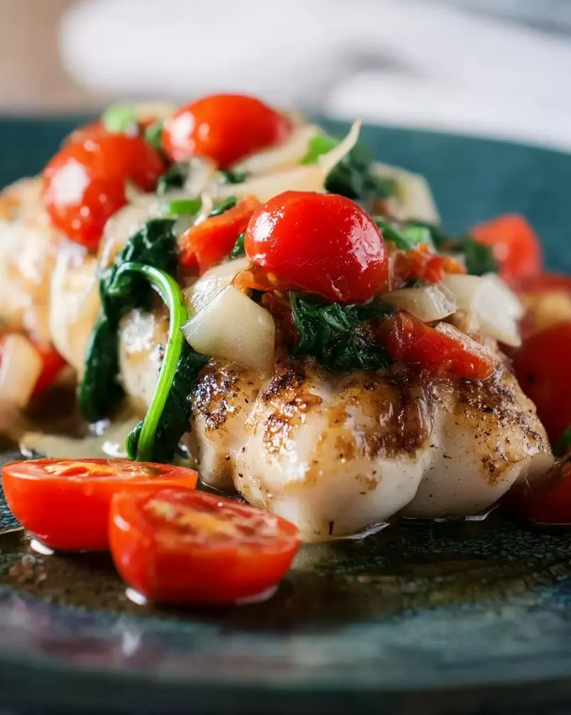 Grilled Cod with Spinach and Tomatoes 2 Fresh ingredients for grilled cod with spinach and tomatoes being prepped, including cod fillets, spinach, cherry tomatoes, garlic, and olive oil.