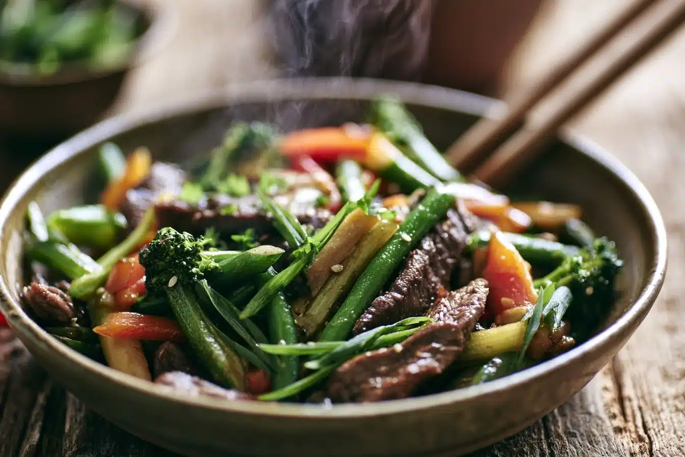 Deliciously Easy 30-Minute Beef Stir-Fry with Veggies 3 Close-up of sizzling beef and vegetables in wok during cooking process