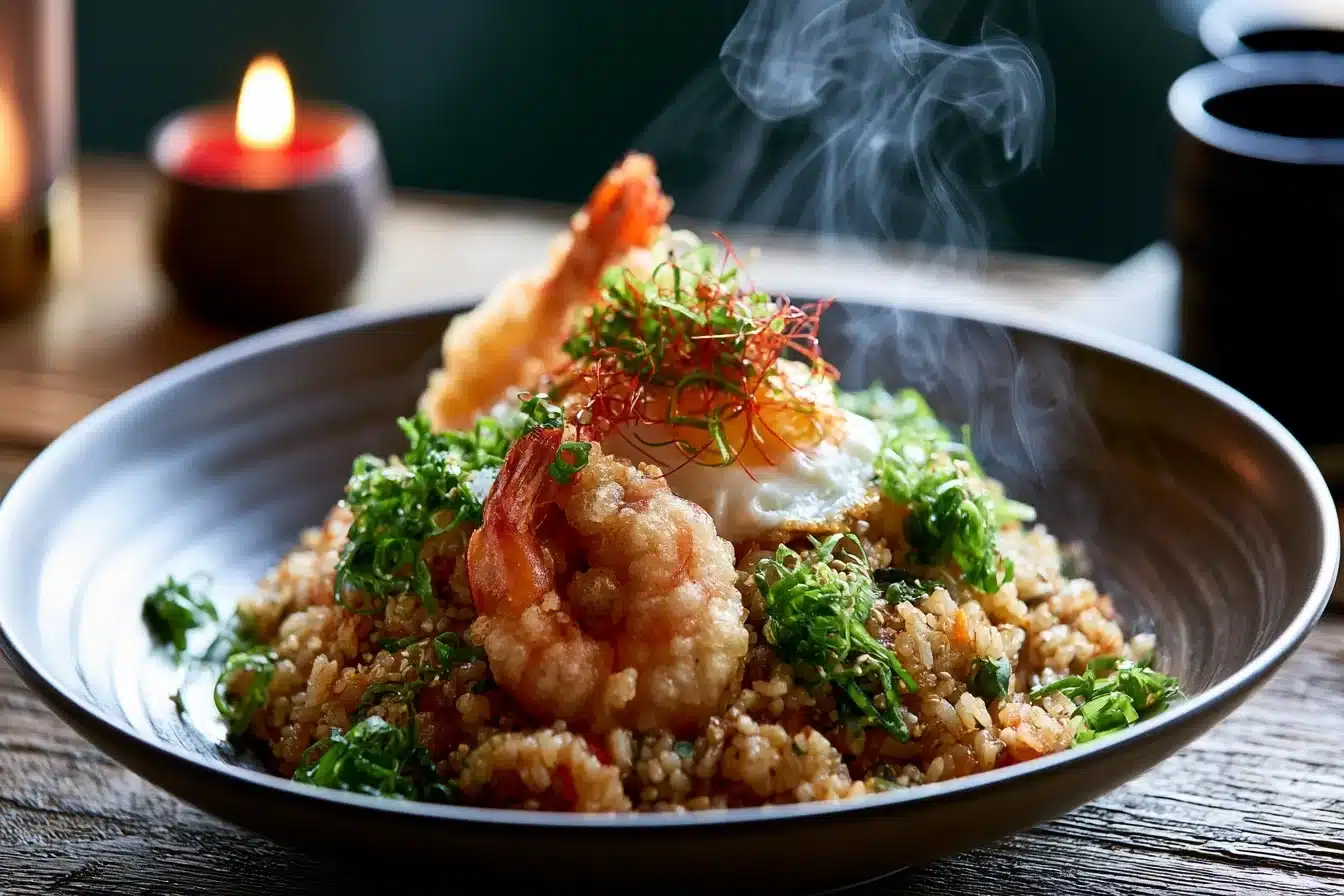 Korean Fried Rice with Shrimp Tempura 2 Korean Fried Rice with Shrimp Tempura, a delightful fusion dish featuring golden fried rice and crispy shrimp tempura